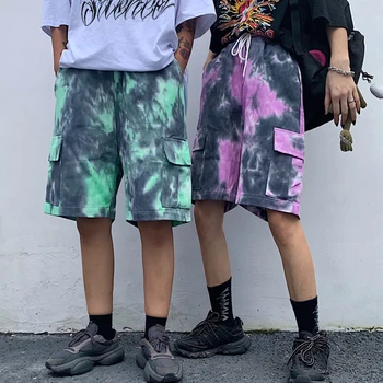 

2019 Summer New Tie Dyed Korean Version Of BF Trend Tooling Five Points Male Loose Street Harajuku Denim Shorts M-XL