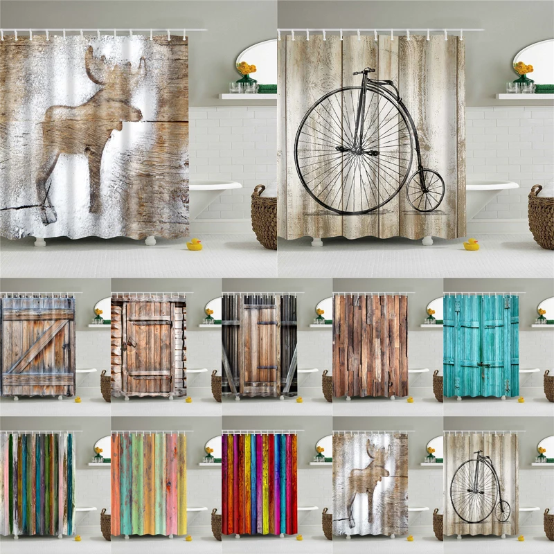 

Waterproof Screen Polyester Bath Curtains Decoration Shower Curtain Sets with 12 Hooks In The Bathroom Wooden Door Prints