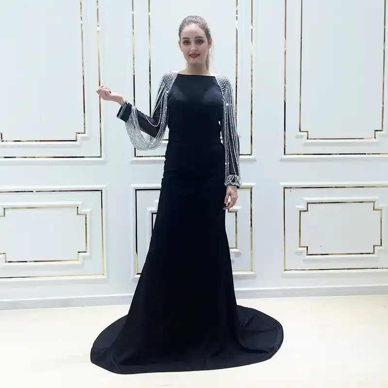 Elegant Mermaid Prom Dress Long Sleeves Beading Chain Floor Length Black Women Arabic Formal Evening Pary Gown