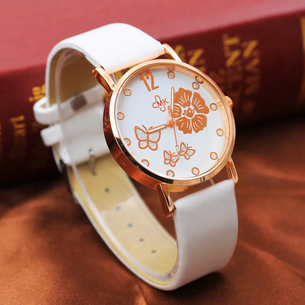 Модные Женские часы с кожаным ремешком, Кварцевые аналоговые наручные часы с бабочкой и цветком, Женские часы Reloj de dama Wd3