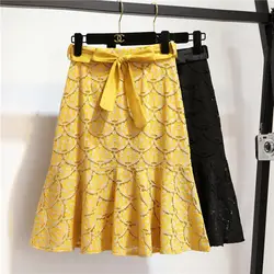 Новые летние 2018 слово юбка высотой талии показать тонкие falbala Обтягивающая одежда юбка кружева в хвост длинные юбки