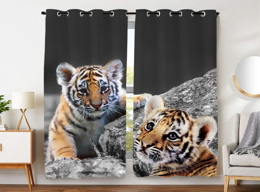 

HommomH Curtains (2 Panel) Grommet Top Darkening Blackout Room Cute Tiger Baby