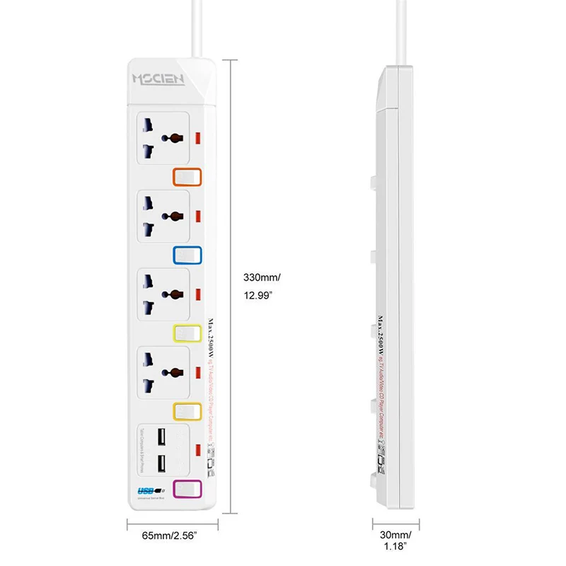 Удлинитель для путешествий с USB силовой полосой Защита от перенапряжения 1,8 м шнур Международный Универсальный 4 индивидуально переключаемый ЕС штекер