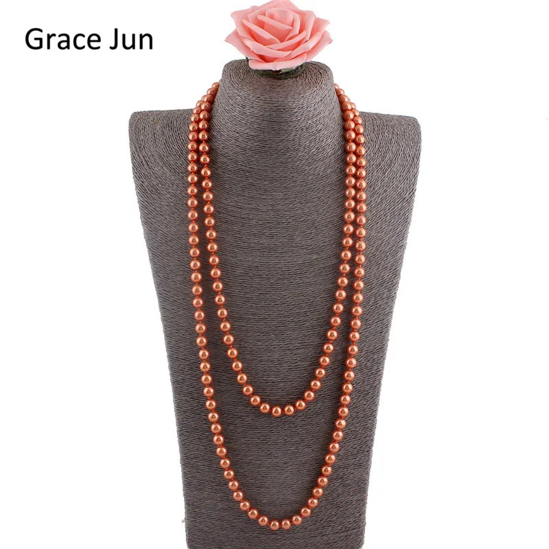 Бренд Grace Jun, 14 цветов, высокое качество, роскошная мода, стекло, искусственный жемчуг, для женщин, вечерние, свадебные, ручной работы, длинное жемчужное ожерелье 55" - Окраска металла: orange