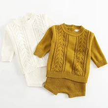 Новинка года, осенний комплект одежды для маленьких девочек возрастом от 1 года до 3 лет, вязаный комплект для мальчиков, пуловер, свитера, шорты комплект детской одежды из 2 предметов, костюмы для маленьких девочек