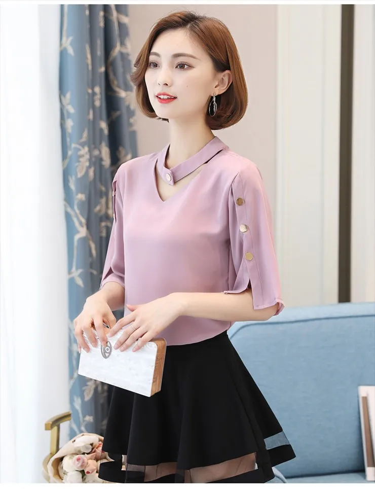 Blouse Shirt Women 2018 Korean Style V-neck Tops Ladies Chiffon Blouse Button Short Sleeve White Shirts Summer Blusas Mujer (4)