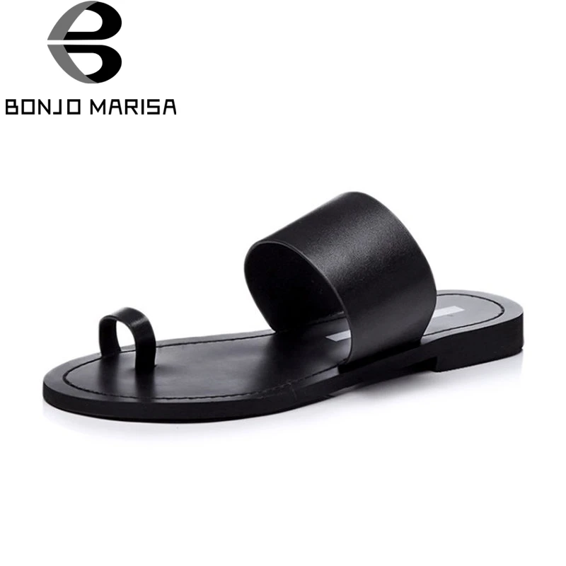 

BONJOMARISA 2019 Summer Genuine Leather Solid Women Slippers Plus Size 34-47 Low Heels Flip Flops Fashion Casual Shoes Woman
