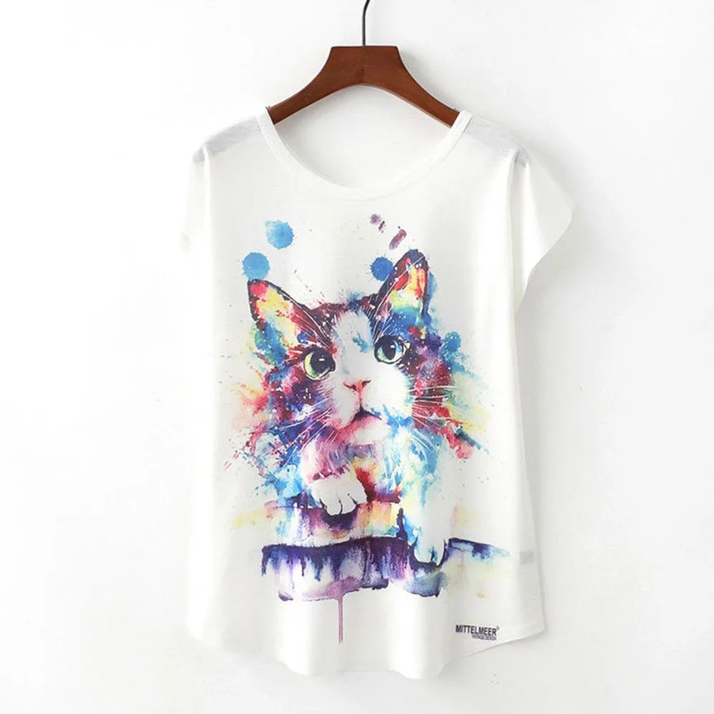 

women cat print t shirt 2018 funny t shirts women short sleeve summer casual o neck tshirt poleras de mujer moda