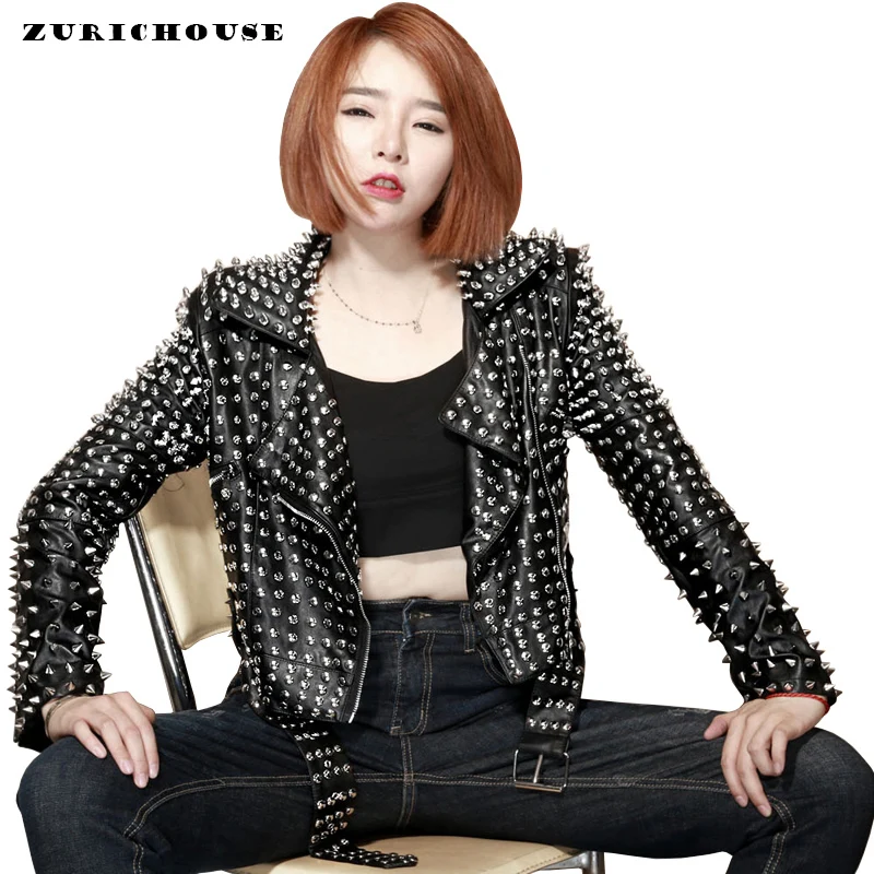 

ZURICHOUSE 2019 Women Rock Style Punk Rivet Leather Jacket Studded Epaulet Motorcycle Spiked Clothes PU Faux Leather Jacket