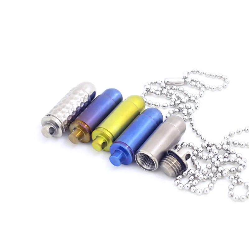 

1PC Portable EDC Mini Bullet Titanium Alloy Waterproof Health Metal Pill Medicine Bottle Keychain Key Ring Necklace Pendant