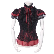 Женская черная и Красная Шифоновая кружевная блузка с воротником-стойкой и короткими рукавами в готическом Стиле Лолита 21162BR