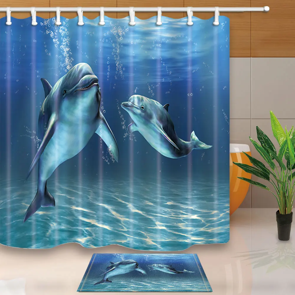 

Seafloor Dolphins Waterproof Shower Curtain Bathroom Curtains Eco-Friendly High Quality Polyester Fabric Shower Curtain for Bath