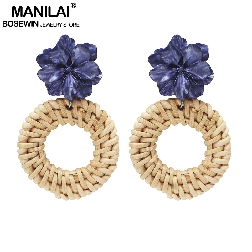 MANILAI Handmade Wooden Straw Weave Earrings Fashion Rattan Weaving Flower Circle Big Earrings Women Jewelry Purple White Color