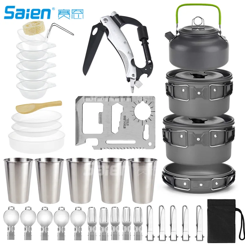

Camping Cookware Set, 43pcs:5-6 Person Mess Kit with Non-Stick Aluminum Pot Pan, BPA-Free Bowls/Plates and Nylon Bag
