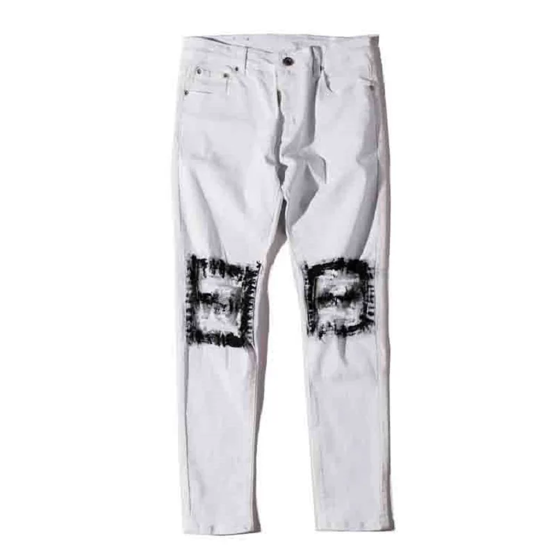 Рваные на колене мужские джинсовые штаны покрытием отверстие Slim Fit для мужчин's джинсы для женщин полной длины черный, белый цвет