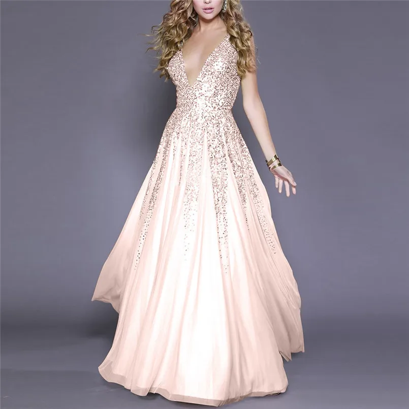Deep V Neck Long Dress Women Sleeveless Party Dress Sequin Sexy Dress A Line Lace Dress Hollow Out Vestido De Festa Longo 40DC142