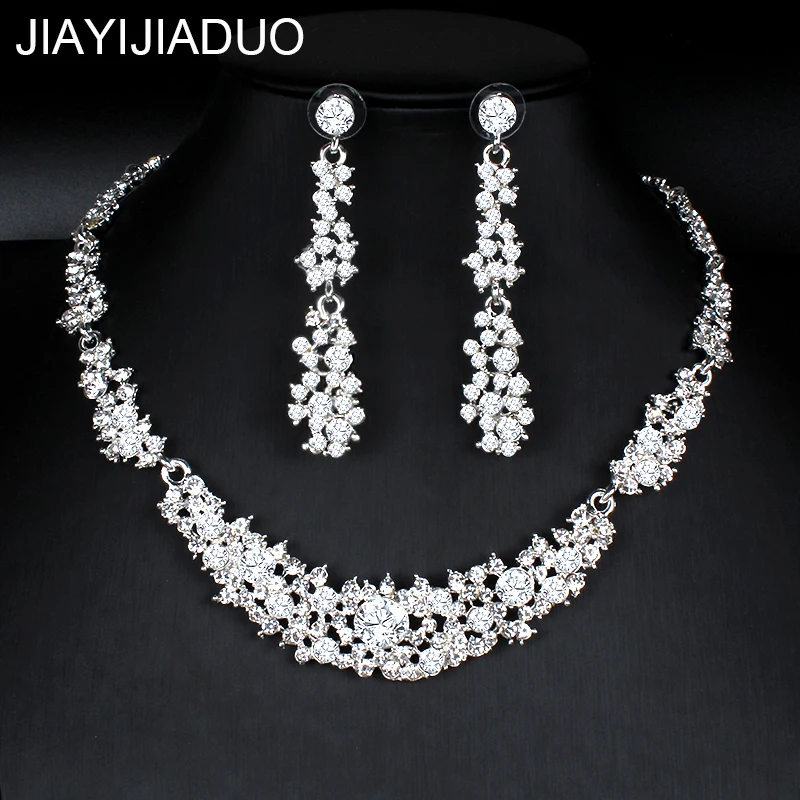 jiayijiaduo Classic Crystal Wedding Jewelry Set Silver Color Necklace Earrings for Women's Dresses Banquet Dating Jewelry