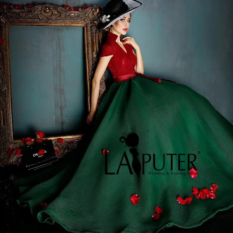 Элегантное бальное платье с V образным вырезом и коротким рукавом|evening gown|evening gown