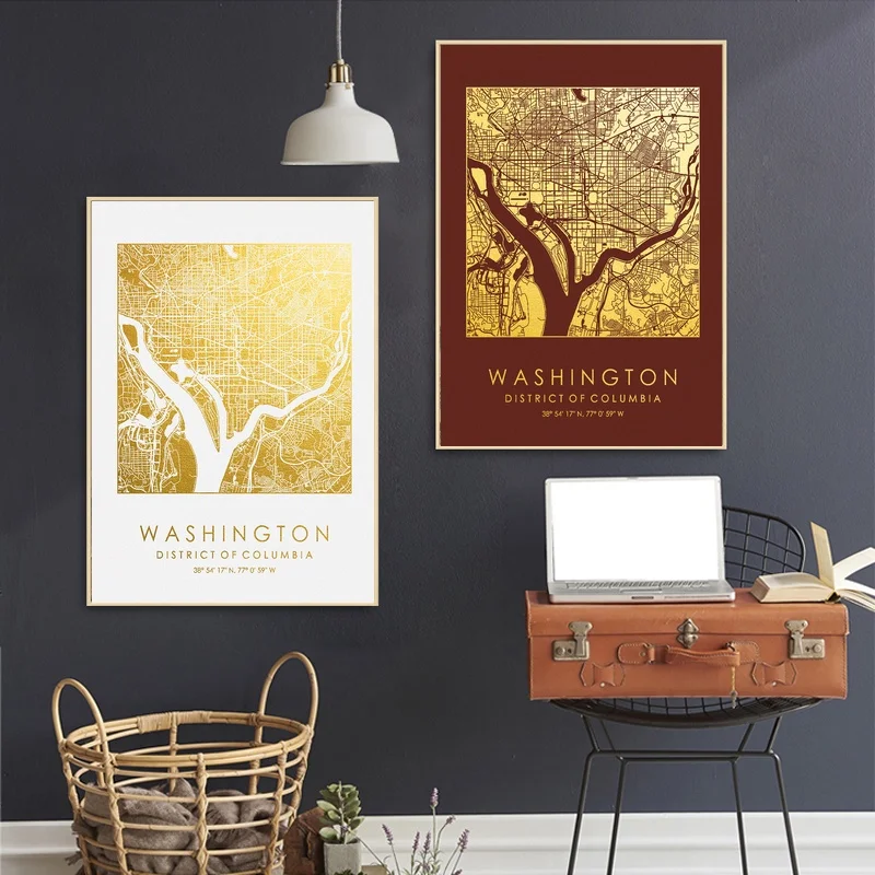 Colored and Gold Washington DC American Capital City Maps Canvas Poster Wall Pictures for Living Room No Frame | Дом и сад