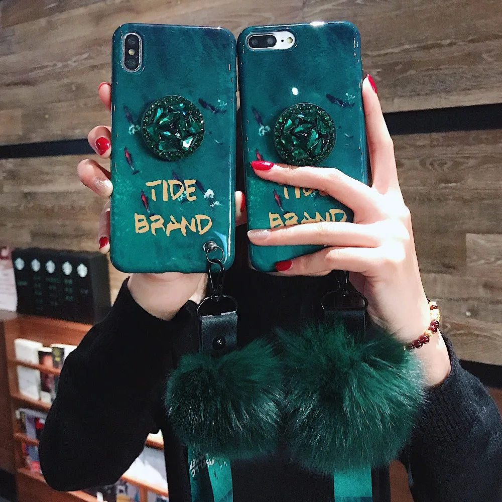 

FGHGF Retro Emerald gem style Case For Huawei P30 P10 Plus Case Soft plush lanyard Cover For Huawei P20 Pro lite Case Shell Capa