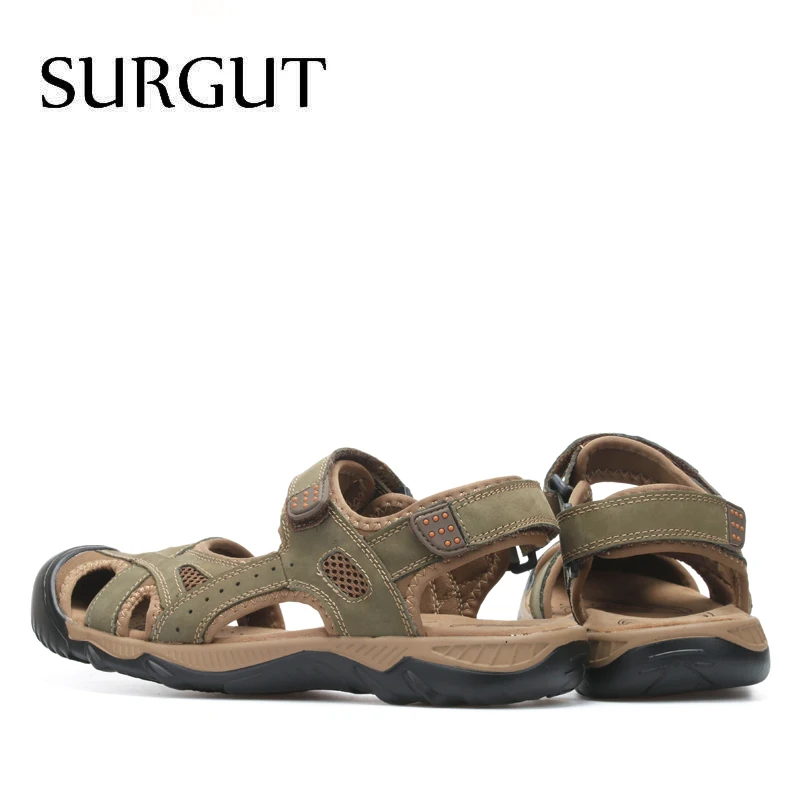 Мужские прогулочные пляжные сандалии SURGUT, повседневные босоножки армейского зеленого цвета, тапки из настоящей кожи, обувь больших размеров 39-47 для лета