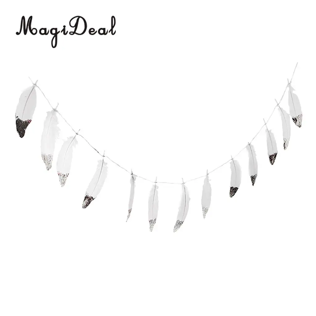 MagiDeal 2pcs Novelty Boho Gold Silver Dipped White Feather Bunting Banner Tassel Garland Nursery Romm Wall Decor