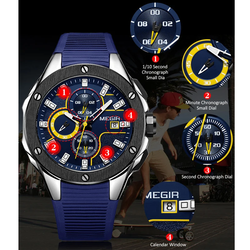 MEGIR 2020 Fashion Men Sport Watch with Chronograph Waterproof Silicone Quartz Military Men Watches
