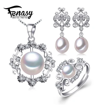 

FENASY 925 Sterling Silver Stud Earrings Natural Pearl Jewelry Sets For Women Bohemian Drop Earrings Flower Pendant Ring