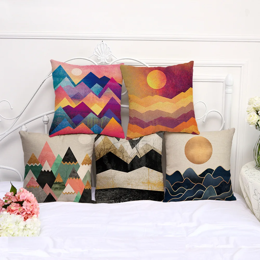 

Decorative Pillow Case Geometric Mountain Sunset Pillowcase 17.5 Inch Cotton Linen Chair Seat Throw Pillow Cover G1026
