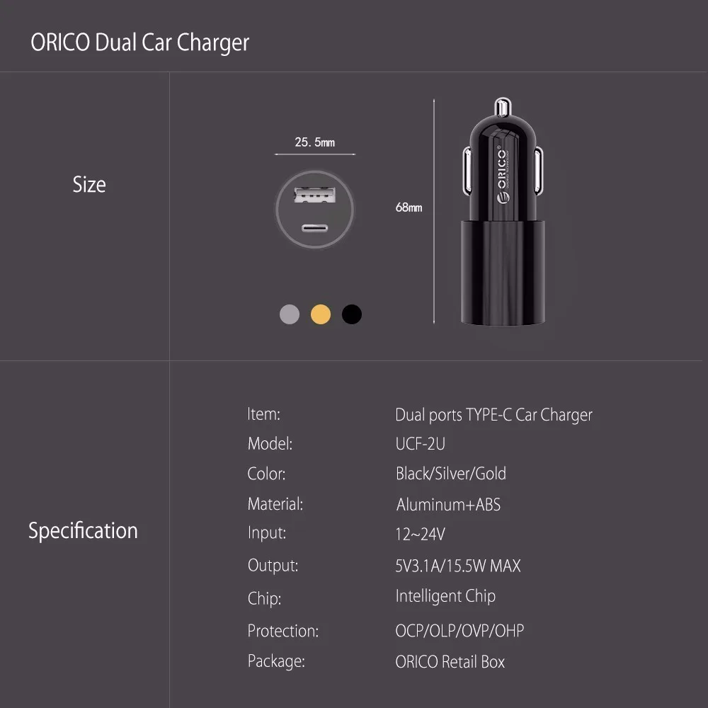 ORICO автомобильное зарядное устройство, портативное зарядное устройство Samrt с 5V3. 1A 15,5 Вт Max usb type C, автомобильное зарядное устройство для samsung Xiaomi huawei