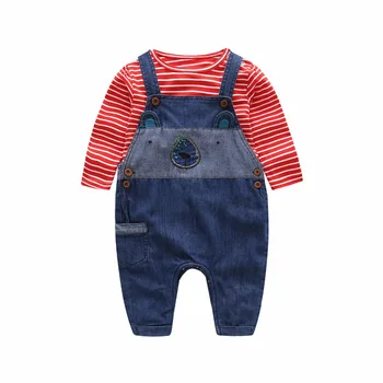 

Spring And Autumn Newborn New Baby Boy's Handsome Suit, Pure Cotton Red Striped T-shirt + Handsome Cowboy Strap Pants Set