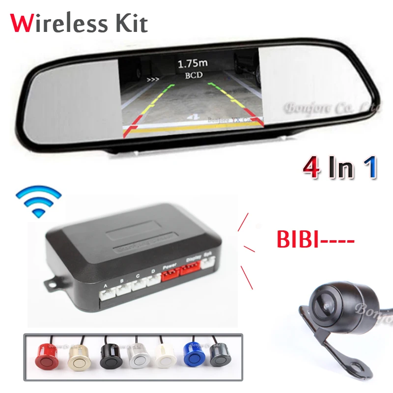 

Car Wireless Parking Sensor 4 Alarm Sound Speaker Kit 4.3 Inch tft Mirror Monitor + car Reverse Camera + Sensor +Wireless module