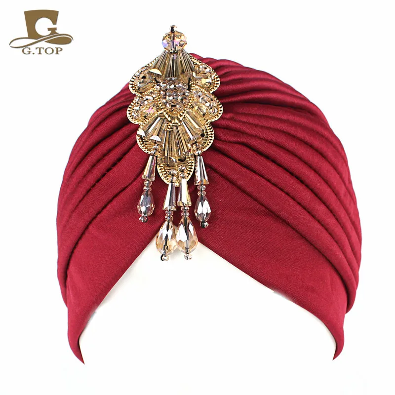 цена NEW Luxury Divas Stretchable turban Head wrap hat with beaded pendant women Headwear