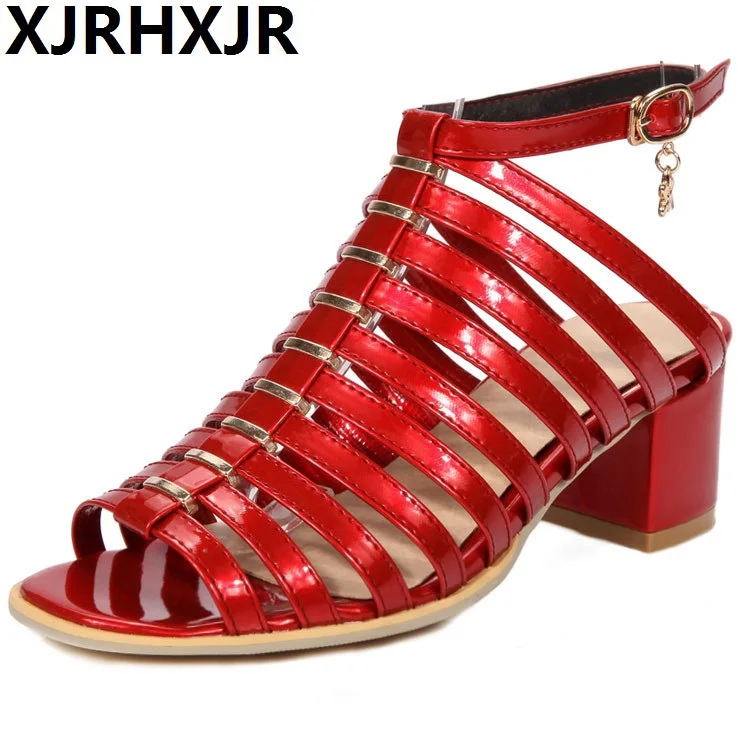 

XJRHXJR Women Sandals 2018 Summer Shoes Boot Peep Toe Fashion High Heels Pumps Woman Patent Leather PU Party Shoes Size 33-43