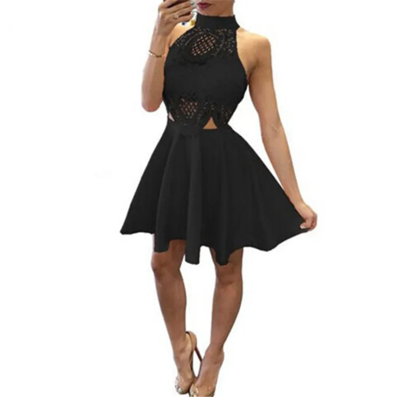 

Fashion Vestidos Sexy Off The Shoulder Halter Dress Women Ladies Casual Sleeveless Party Short Mini Lace Backless Dresses