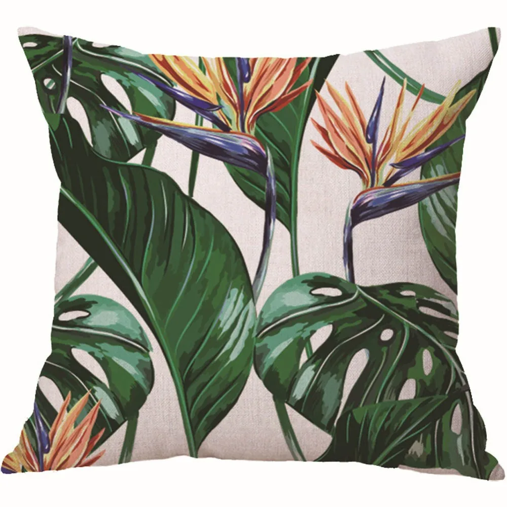 Tropical Plants Green Leaves Monstera Cushion Covers Hibiscus Flower Throw Pillow Case Home Decorative Beige Linen Pillowcases