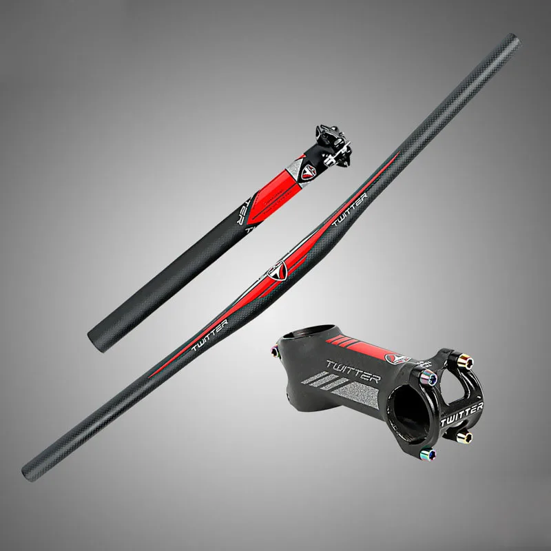 

TW carbon fibre mountain bike handlebar sets Reflector mark Racing bicycle flat handlebar720+seatpost31.6*350+stem bike parts