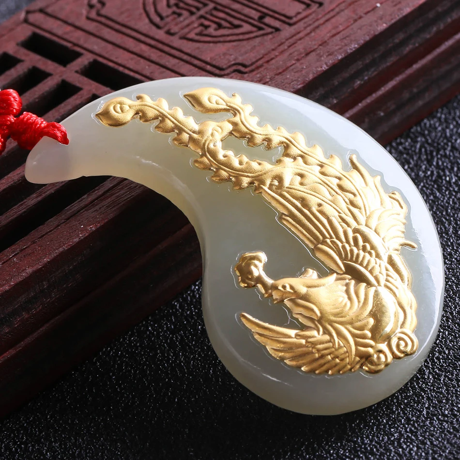 Natural Gold and Hetian Jade Pure Solid 24k Gold Dragon Phoenix Lucky Amulet Pendant + Necklace + Certificate Fine Jewelry 8661 Fine Jewelry