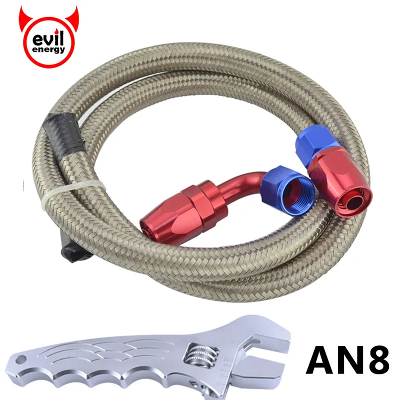 

evil energy 1M AN8 Stainless Steel Oil Fuel Hose Line+AN8 Straight 90 Degree Swivel Hose End Fitting With Adjustable Spanner