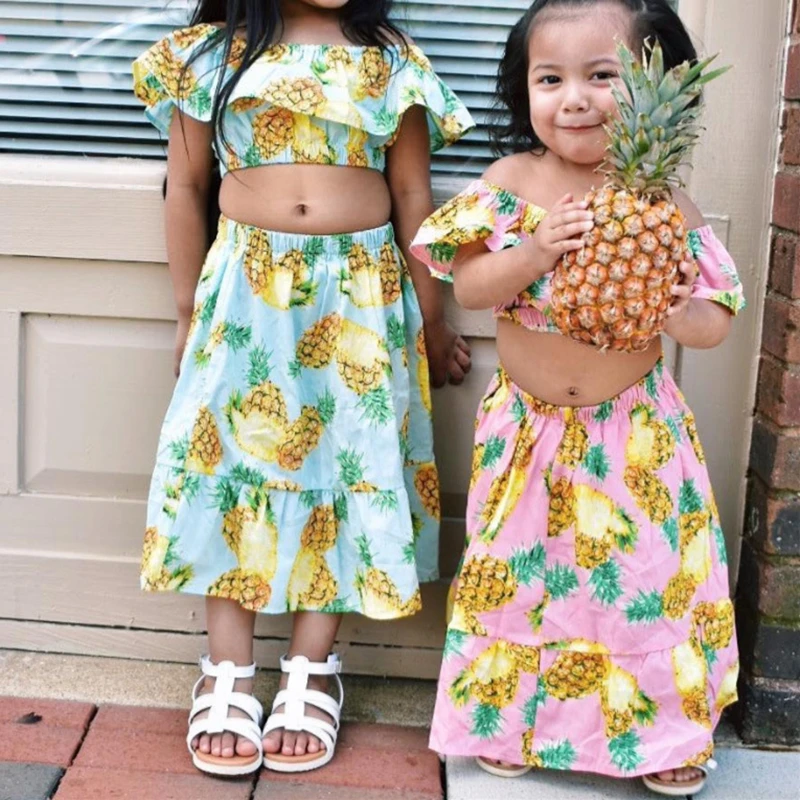 

2018 New Summer Girl Dress Pineapple Print Beach Dresses Shoulderless Crop Top Ruffles Long Dress Pineapple Party Girls Sundress