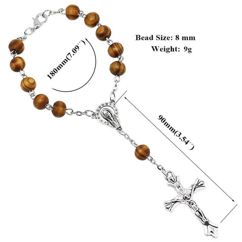 10pcs Round Wood Beads Catholic Rosary Strand Bracelet Unisex Marry Center Pope Rosary Prayer Bracelet Jewelry - Image 2