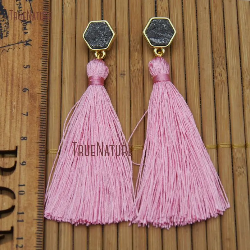 20171219-ER9225- Hexagon Druzzy Pure Gold Color Plastal Pink Silk Tassel  Studs Earrings_3