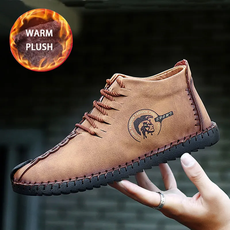 

SUROM Large Size Winter Men Leather Casual Shoes Breathable Plush Leather Handmade Vintage Shoes Men Moccasins Flats Shoes