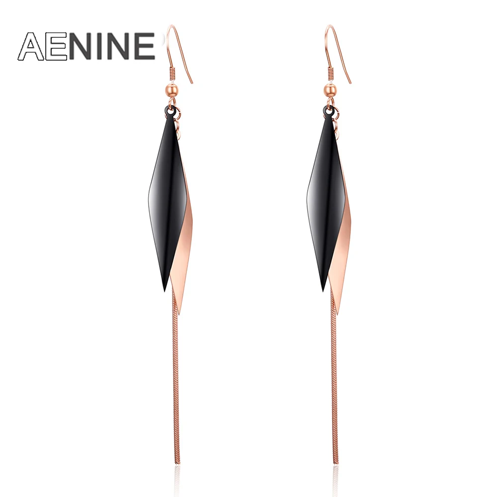 

AENINE Stainless Steel Love Long Black Snake Chain Rhombus Drop Earrings Geometirc Rose Gold Color Women Party Xmas Gift AE18475