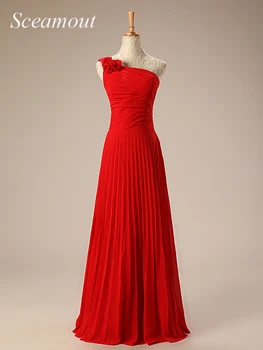 

Cheap Long Evening Dresses Flowers One Shoulder Chiffon Padded Masala Red Women Empire Waist Party Gown gaun malam