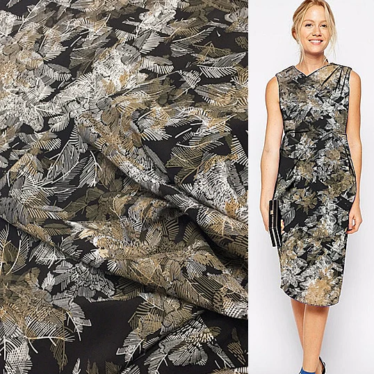 

Pencil sketch style leaves print silk Crepe DE chine silk fabric 17momme 112cm width by yard,SCDC565