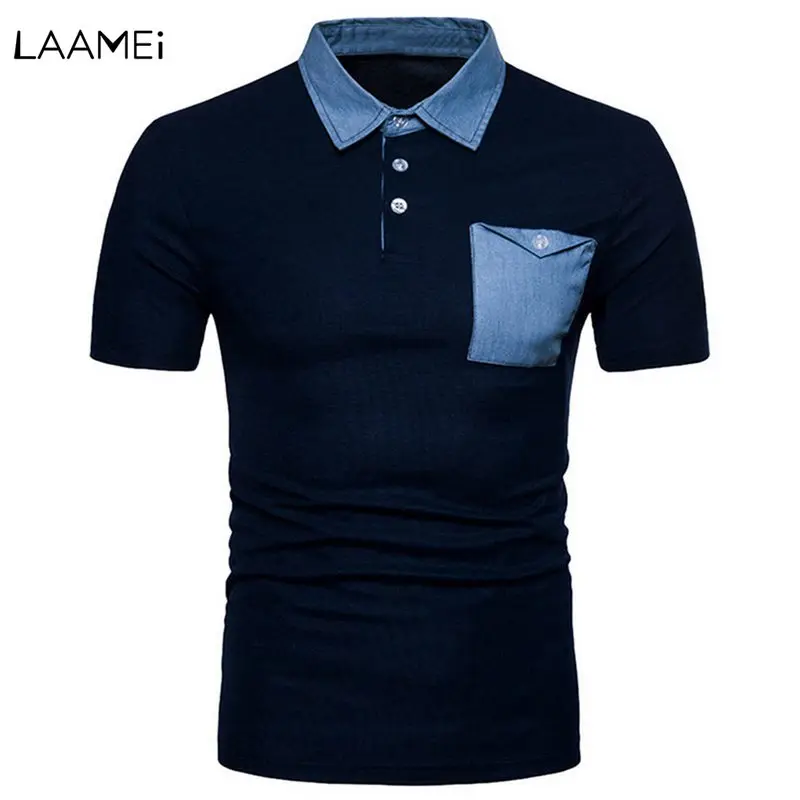 

Laamei Men Polo Shirts Brand Denim Pocket Patchwork Polos Shirts Male Casual Short Sleeve Polo Shirt Camisa Polos Masculina