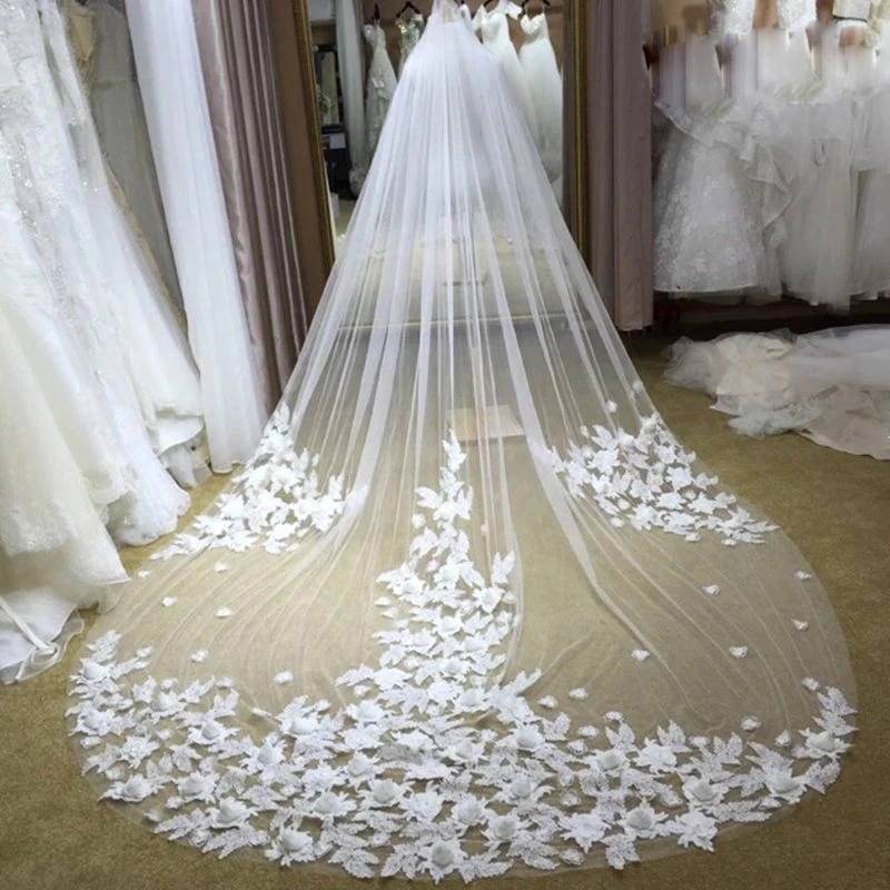 3M Long Cathedral Veil White And Ivory Applique Lace Flowers Edge One-Layer Tulle Wedding Bridal Veil Wedding Accessories