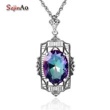Szjinao корабль викингов 4.8ct мистический Радуга Топаз кулон ожерелье для женщин Винтаж Твердые 925 пробы серебряные ювелирные изделия
