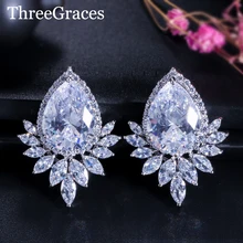 ThreeGraces элегантный для женщин CZ Diamante Jewelry прозрачный белый кубический цирконий большой капли воды листьев серьги гвоздики для вечерние ER302